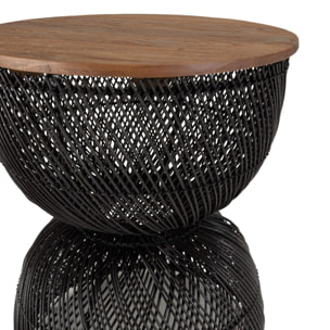SIXTINE - Table d'appoint en rotin noir plateau en bois de teck recyclé