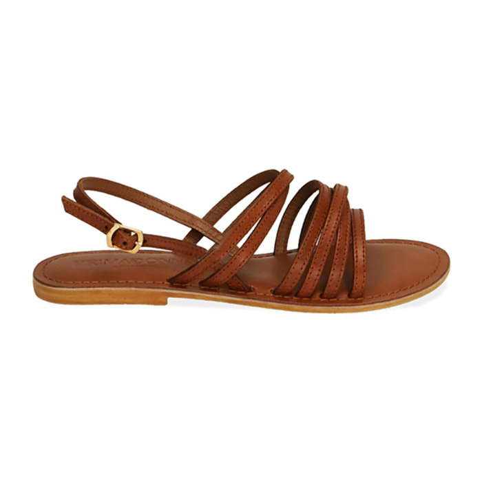 Sandali cognac flat in pelle