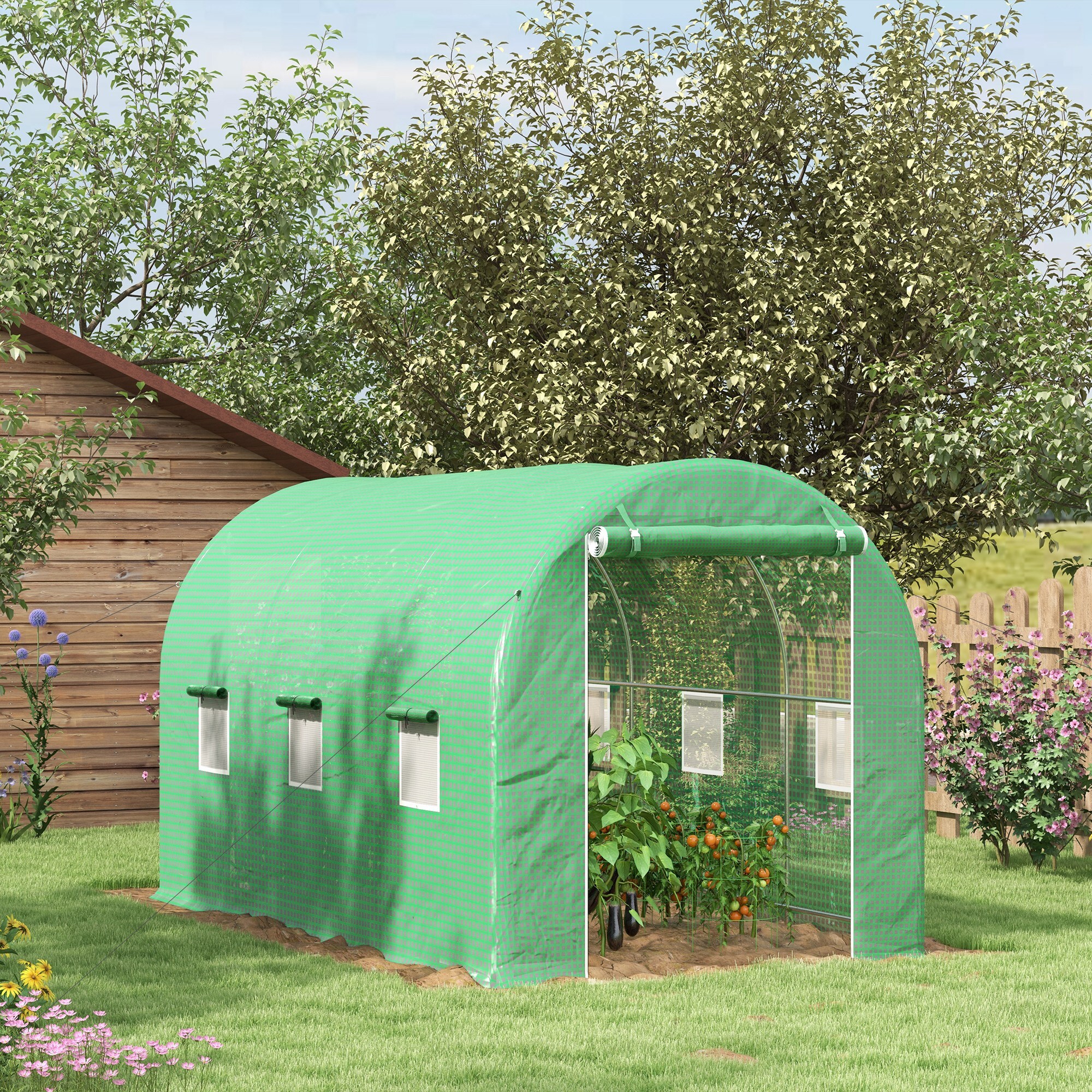 Invernadero de Túnel 400x200x205 cm Invernadero de Jardín con Puerta Enrollable y 6 Ventanas Cubierta PE 140 g/m² Marco de Metal para Cultivo Plantas Verduras Verde