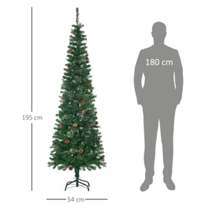 Árbol de Navidad Artificial 195 cm Árbol de Navideño de 556 Ramas Árbol de Navidad Estrecho Forma de Lápiz con 25 Piñas Base Plegable Verde