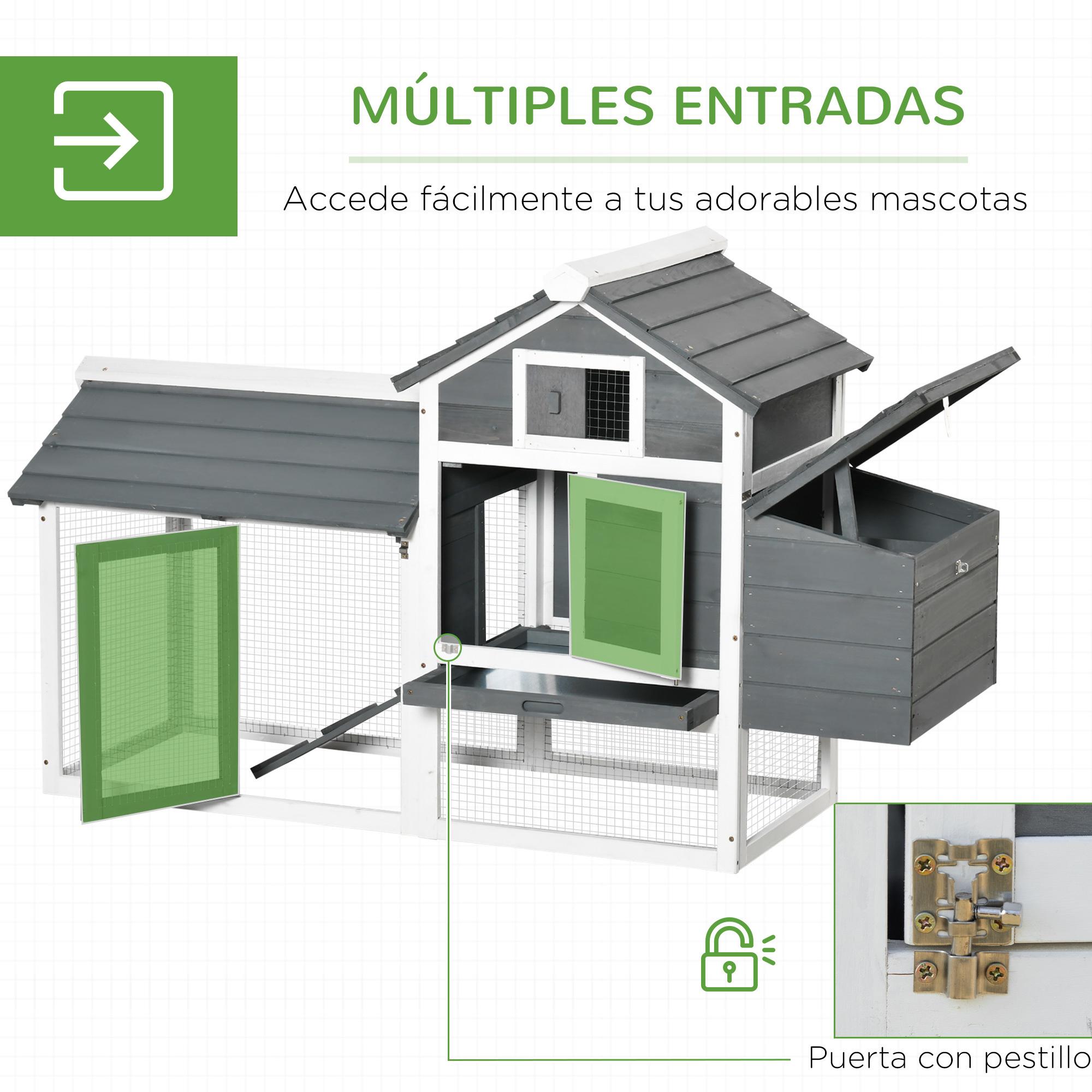 Gallinero de Madera para Exterior Jaula para 2-3 Gallineras con 2 Corrales de Alambre Techo Abrible Caja Nido Bandeja Extraíble y Rampa 150,5x54x87 cm Gris