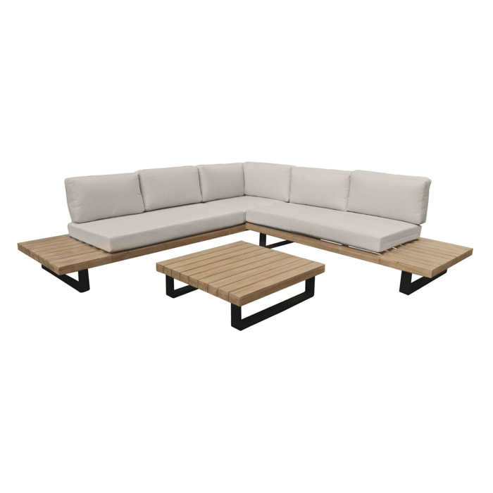 Salon de jardin en bois d'acacia et coussins beige 6 places DOURO