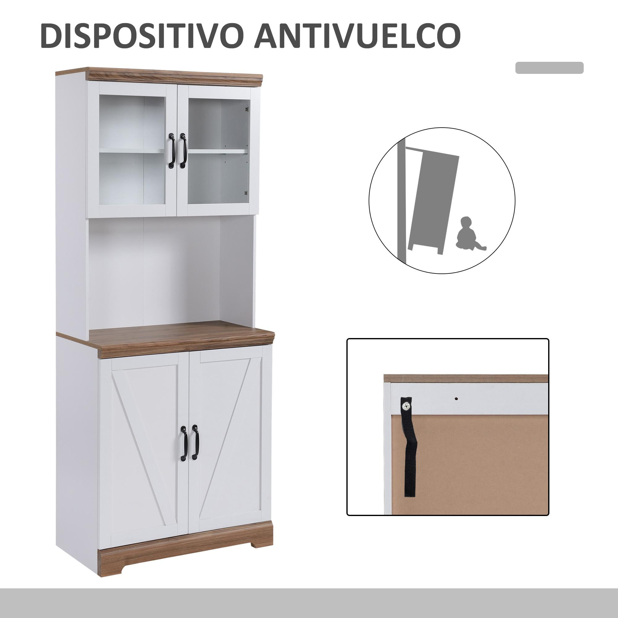 Aparador Alacena de Cocina Mueble Auxiliar con 2 Puertas de Vidrio Baldas Ajustables Estante Abierto y Armario para Comedor Salón Antivuelco 72x40x178 cm Blanco