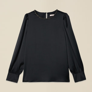 Oltre - Blusa in raso con dettaglio gioiello - Nero