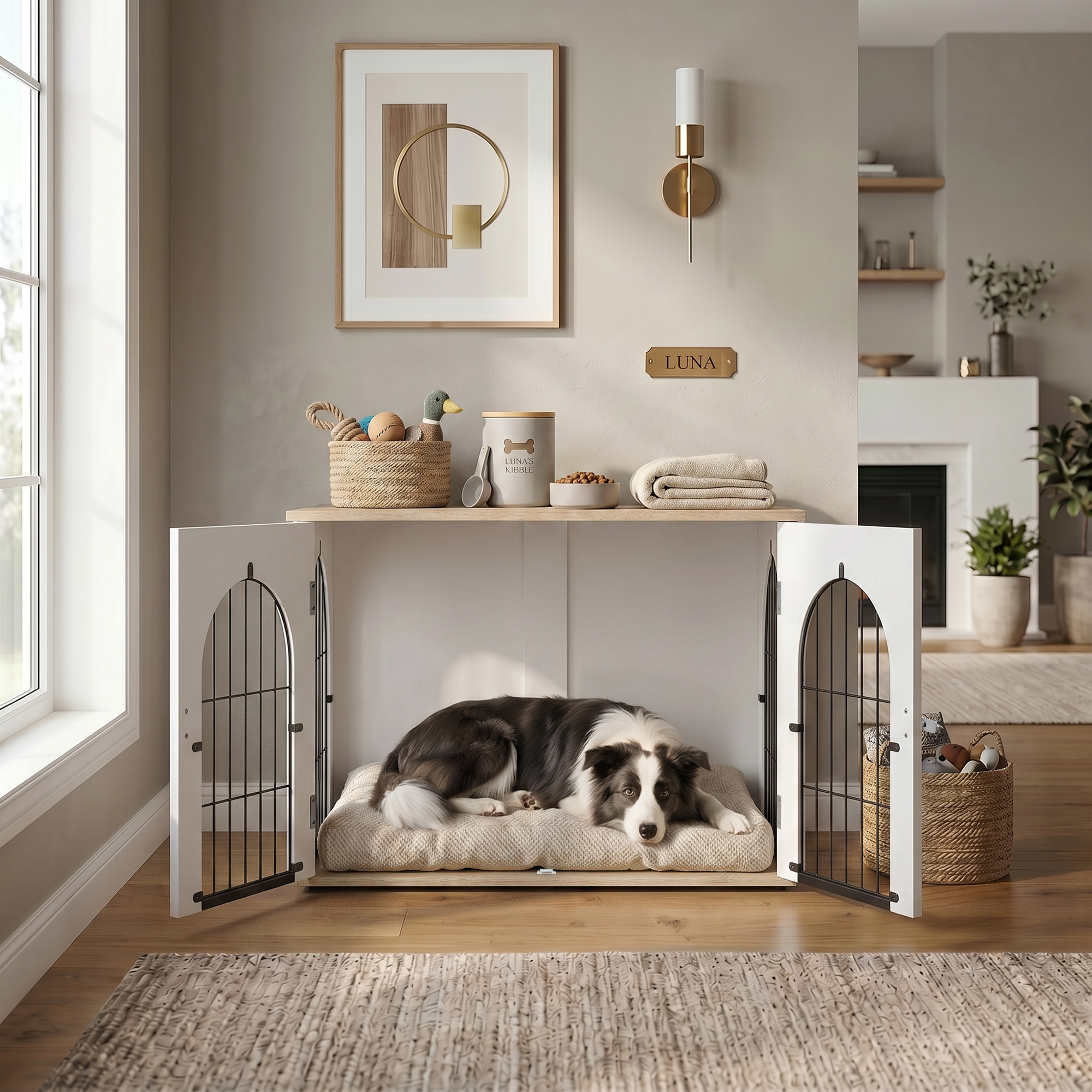 Cage d'intérieur pour chien 80 x 56 x 59 cm 2 portes 2 fenêtres blanc effet bois clair