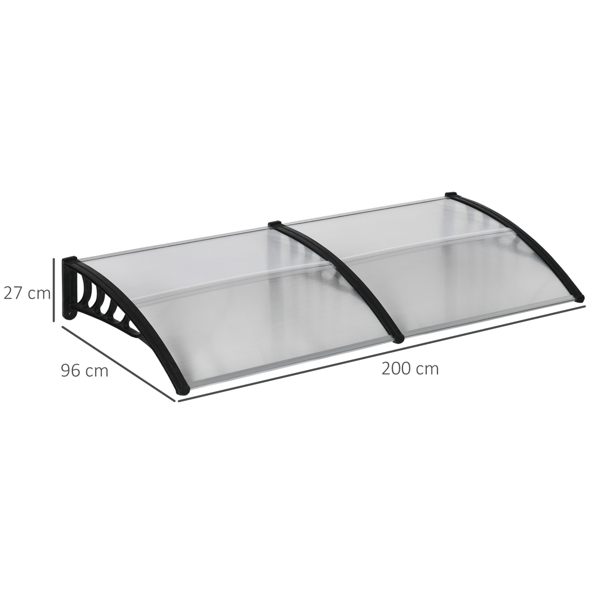 Tejadillo de Protección 200x96x27 cm Marquesina Exterior para Puertas y Ventanas contra Sol y Lluvia con Soporte de PP Policarbonato Transparente