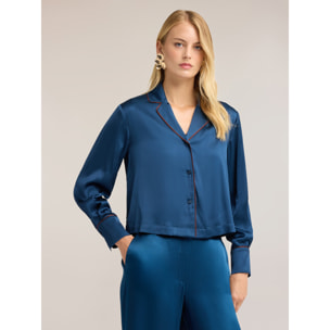Motivi - Camicia corta in raso con profili a contrasto - Blu