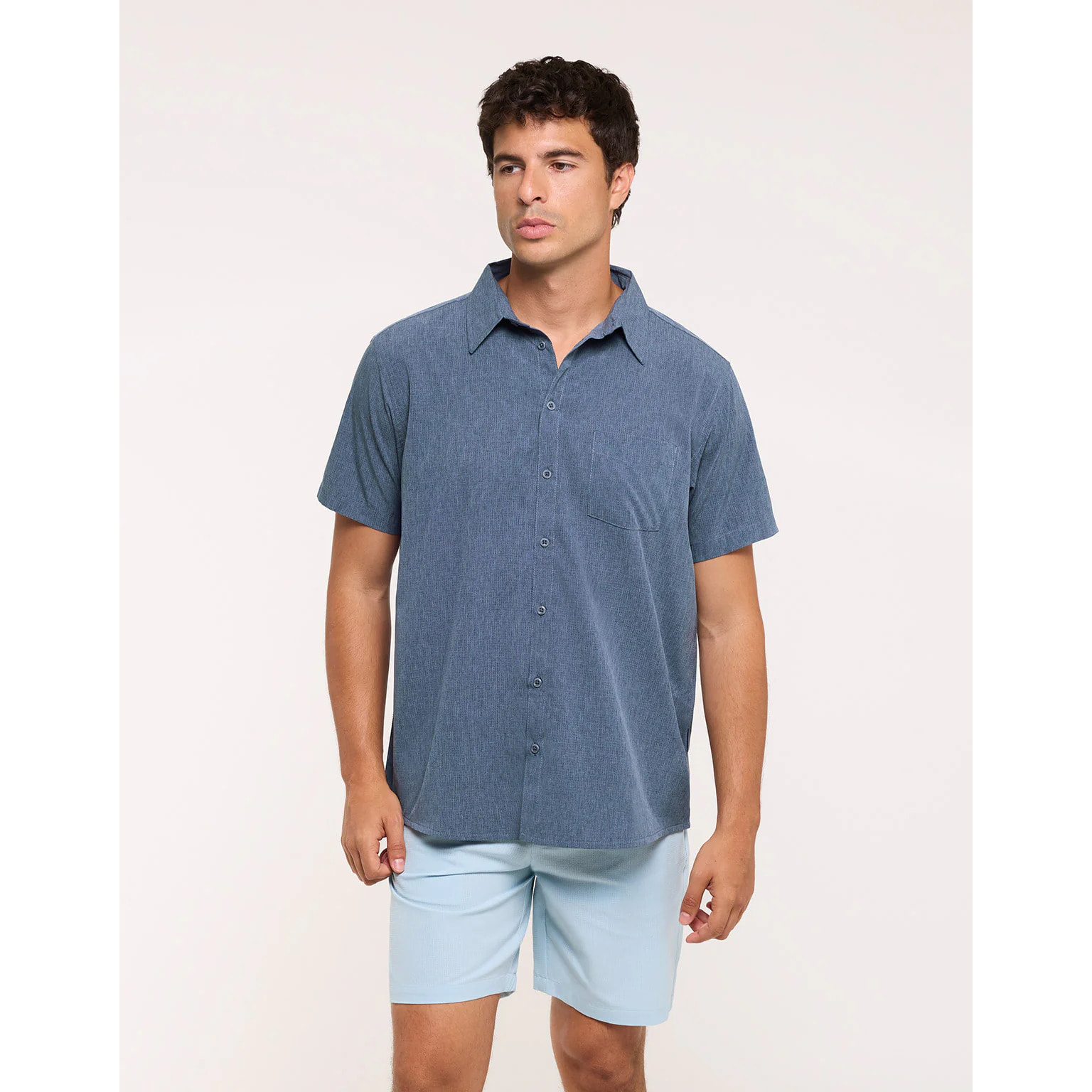 Camisa Manga Corta Azul Jaspeado - Camilando