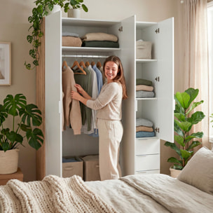 Armadio Guardaroba 3 Ante Con Asta Appendiabiti 3 Ripiani E 3 Cassetti Stile Nordico Salvaspazio Camera Da Letto 121 x 52 x 180 Cm Bianco E Rovere