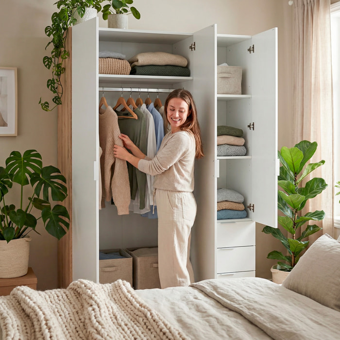 Armadio Guardaroba 3 Ante Con Asta Appendiabiti 3 Ripiani E 3 Cassetti Stile Nordico Salvaspazio Camera Da Letto 121 x 52 x 180 Cm Bianco E Rovere