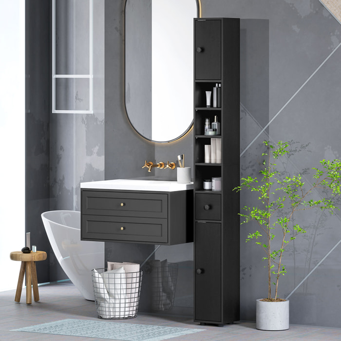 Armario de Baño Alto, Columna de Baño Estrecha con 1 Cajón, 4 Estantes Abiertos y Estantes Ajustables, 2 Puertas, Estilo Moderno, para Espacios Pequeños, 20x20x180 cm, Negro