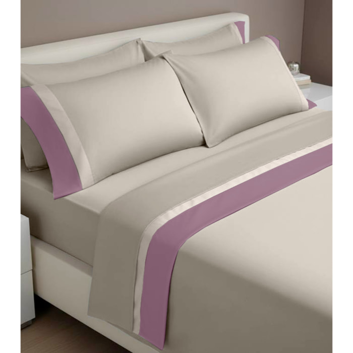 Completo letto doppia balza RASO IPERSAN Puro Cotone Malva/Panna fondo Panna