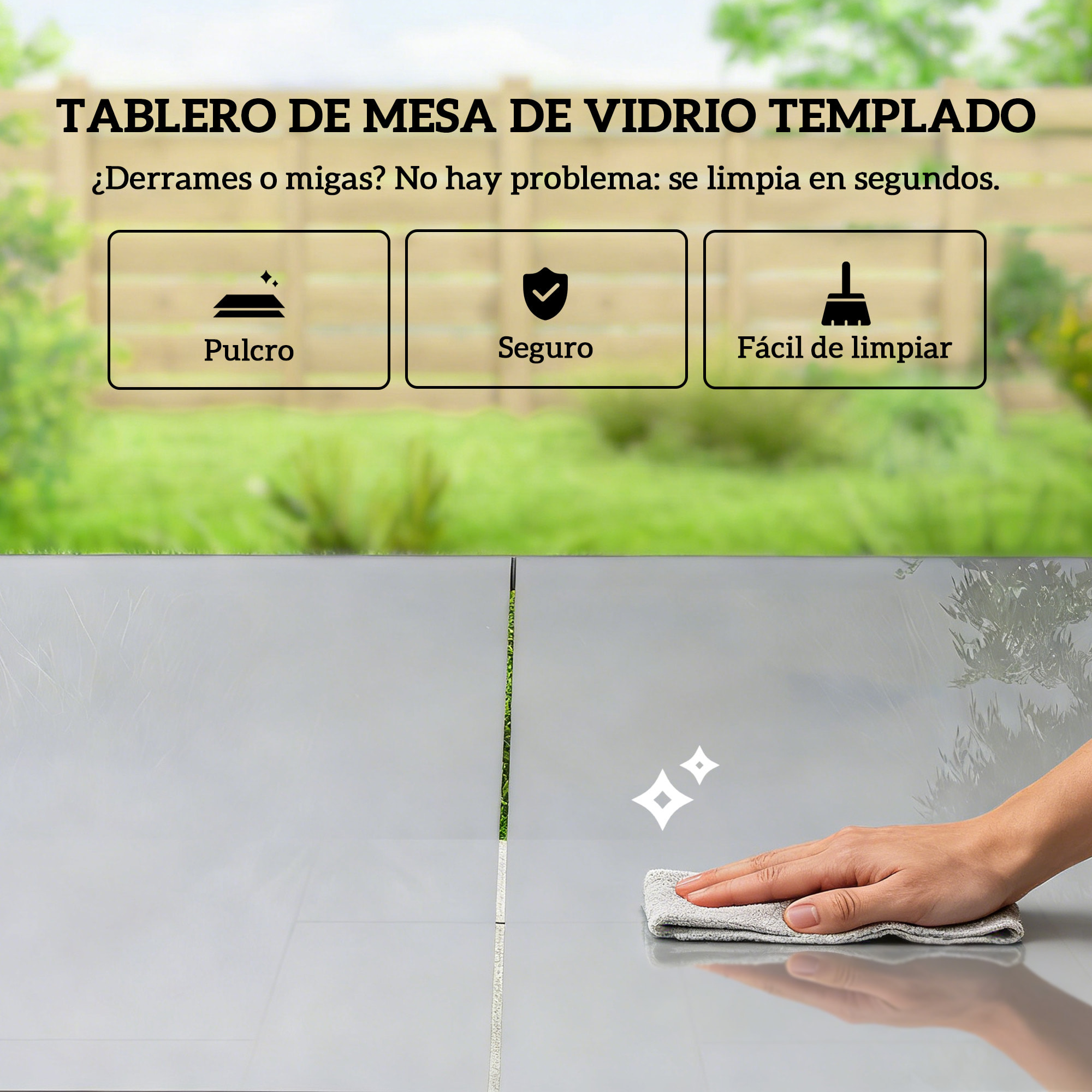 Conjunto de Mesa y Sillas Jardín de 7 Piezas, Muebles Jardín Exterior con Mesa de Vidrio Templado, 6 Sillas Transpirables Decorativas, Marco de Acero Resistente a la Intemperie, Gris