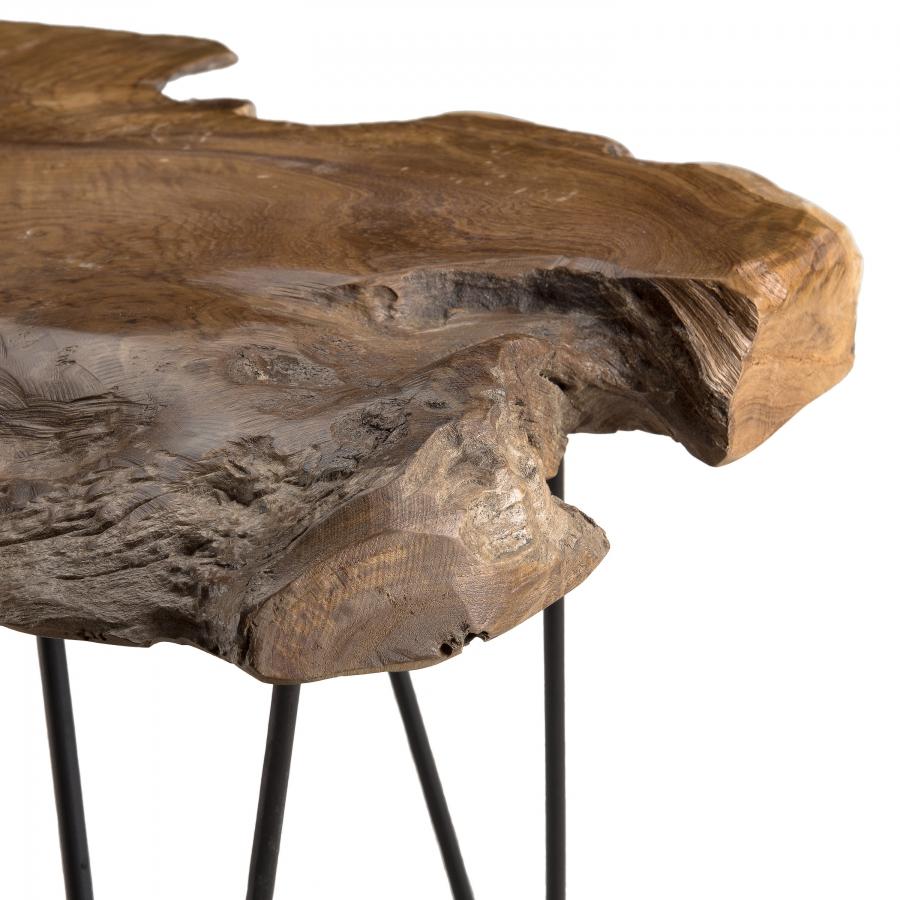 LALY - Table basse marron forme naturelle bois Teck pieds épingles scandi métal noir