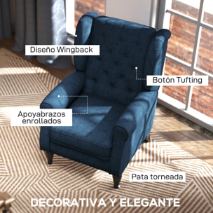 Sillón Orejero Moderno, Butaca de Salón con Reposabrazos y Patas de Madera, Sofá Individual Carga 160 kg para Oficina, Sala de Estar y Dormitorio, Azul