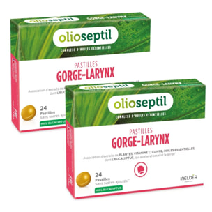 OLIOSEPTIL - Pastilles à Sucer Gorge-Larynx - Sans Sucres Ajoutés - Extraits de Plantes, Vitamine C, Cuivre et Huiles Essentielles - Apaise et Assainit la Gorge - Goût Miel Eucalyptus - Lot de 2