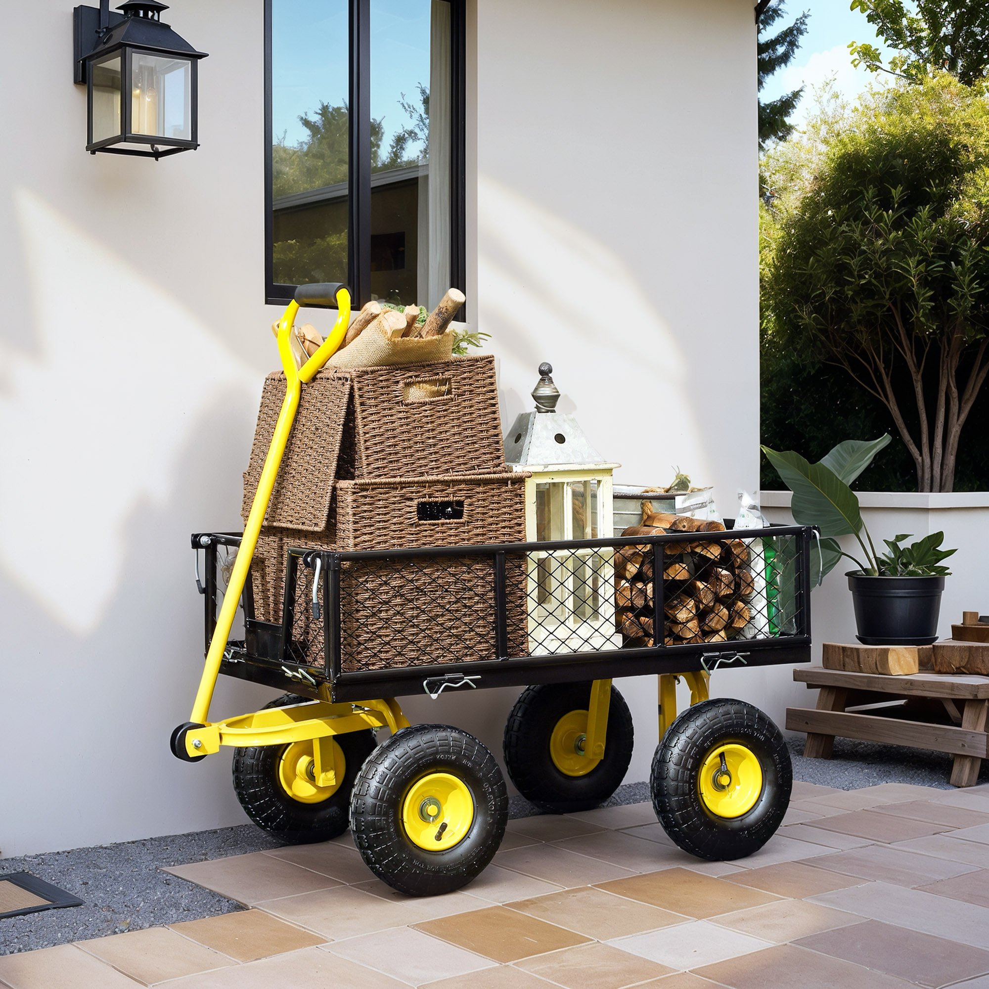 Carro de Jardín Basculante Carga 200 kg Carro para Playa con Paneles Laterales Desmontables Mango Giratorio de 180° y 4 Ruedas Neumáticas Grandes de Goma Negro y Amarillo