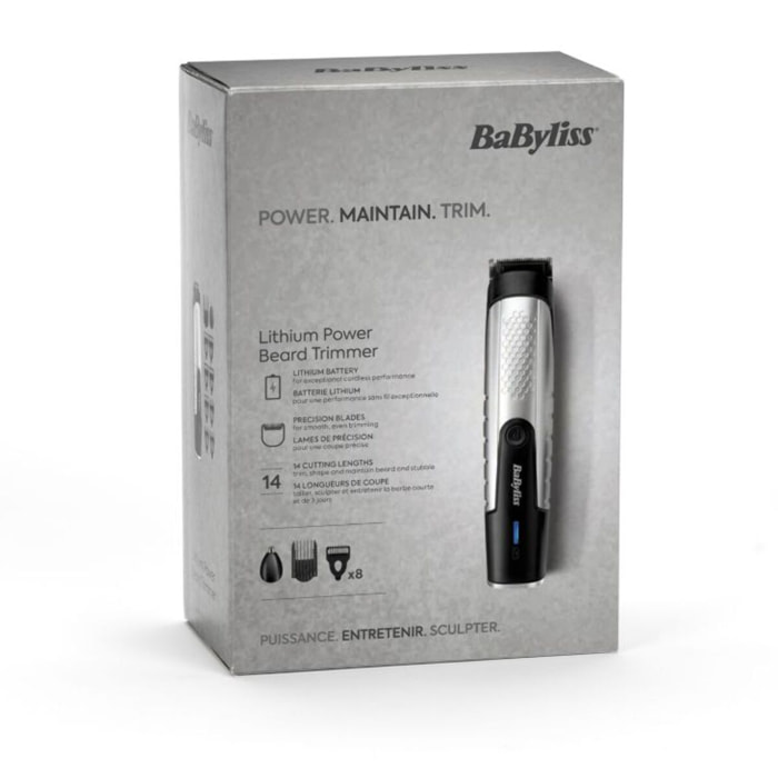 Tondeuse barbe BABYLISS T812E, 14 hauteurs de coupe, précision 0,5 mm, autonomie 180 mn