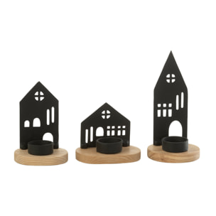 J-Line bougeoir Maison - aluminium/bois - noir/naturel - 3 pcs