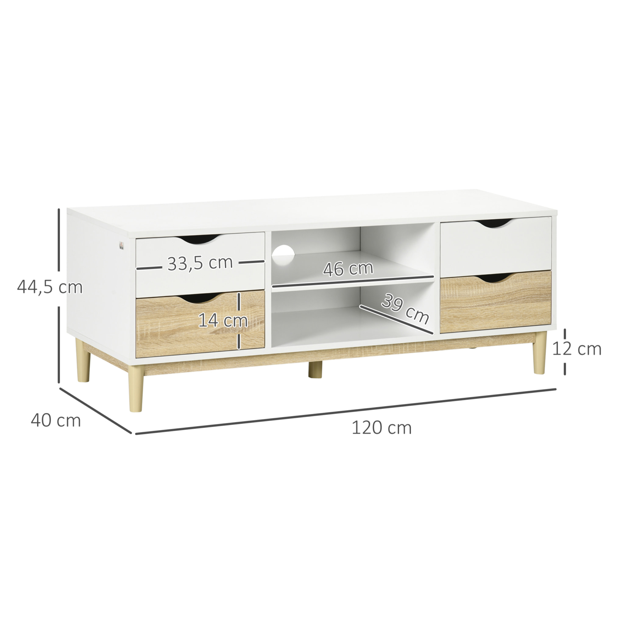 Meuble TV banc TV style scandinave 4 tiroirs 2 niches passe-fils panneaux blanc aspect chêne clair