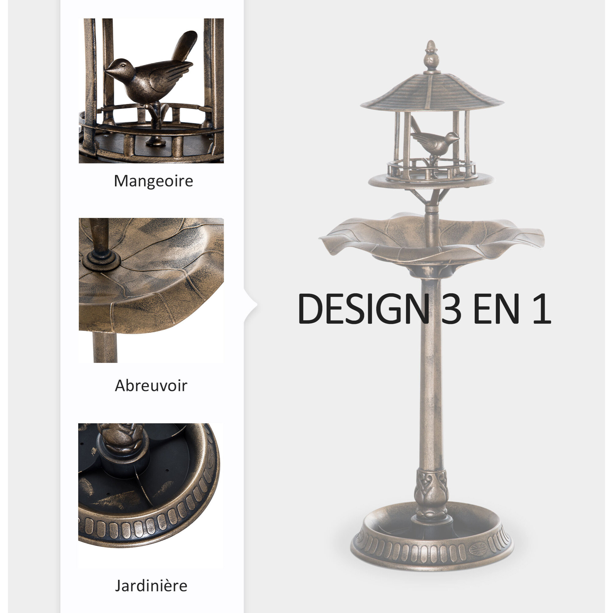 Bain d'oiseaux abreuvoir pour oiseaux jardinière 3 en 1 dim. Ø 50 x 113H cm polypropylène bronze antique