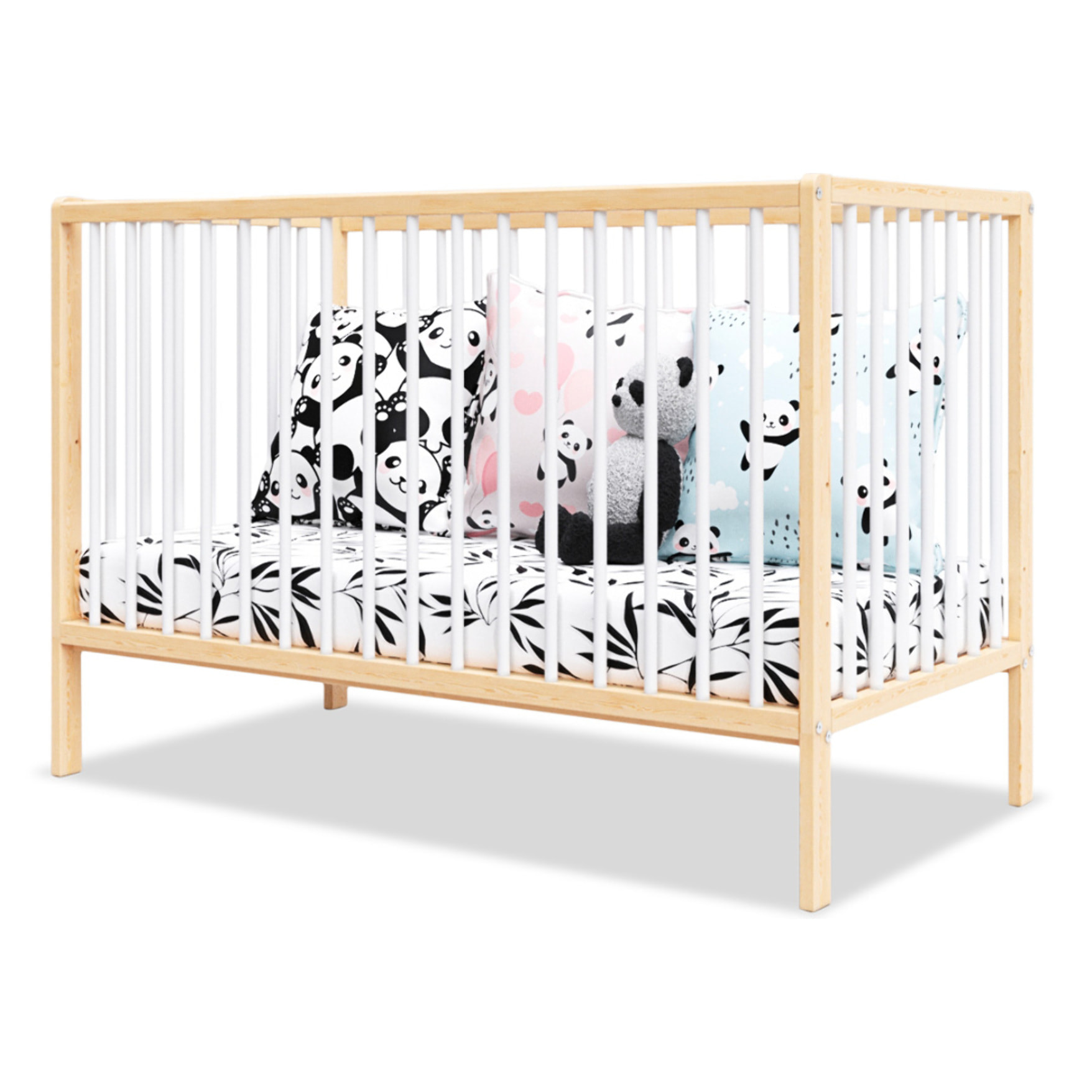 Lit Bébé Évolutif Mathis 60x120 cm, Couleur Bois Naturel & Blanc, Sommier Réglable 3 Hauteurs, Barreaux Amovibles, Lit Bébé Bois Massif