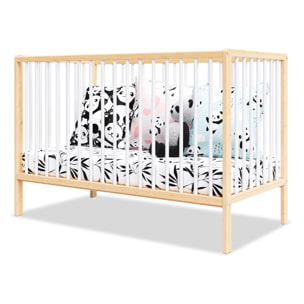 Lit Bébé Évolutif Mathis 60x120 cm, Couleur Bois Naturel & Blanc, Sommier Réglable 3 Hauteurs, Barreaux Amovibles, Lit Bébé Bois Massif