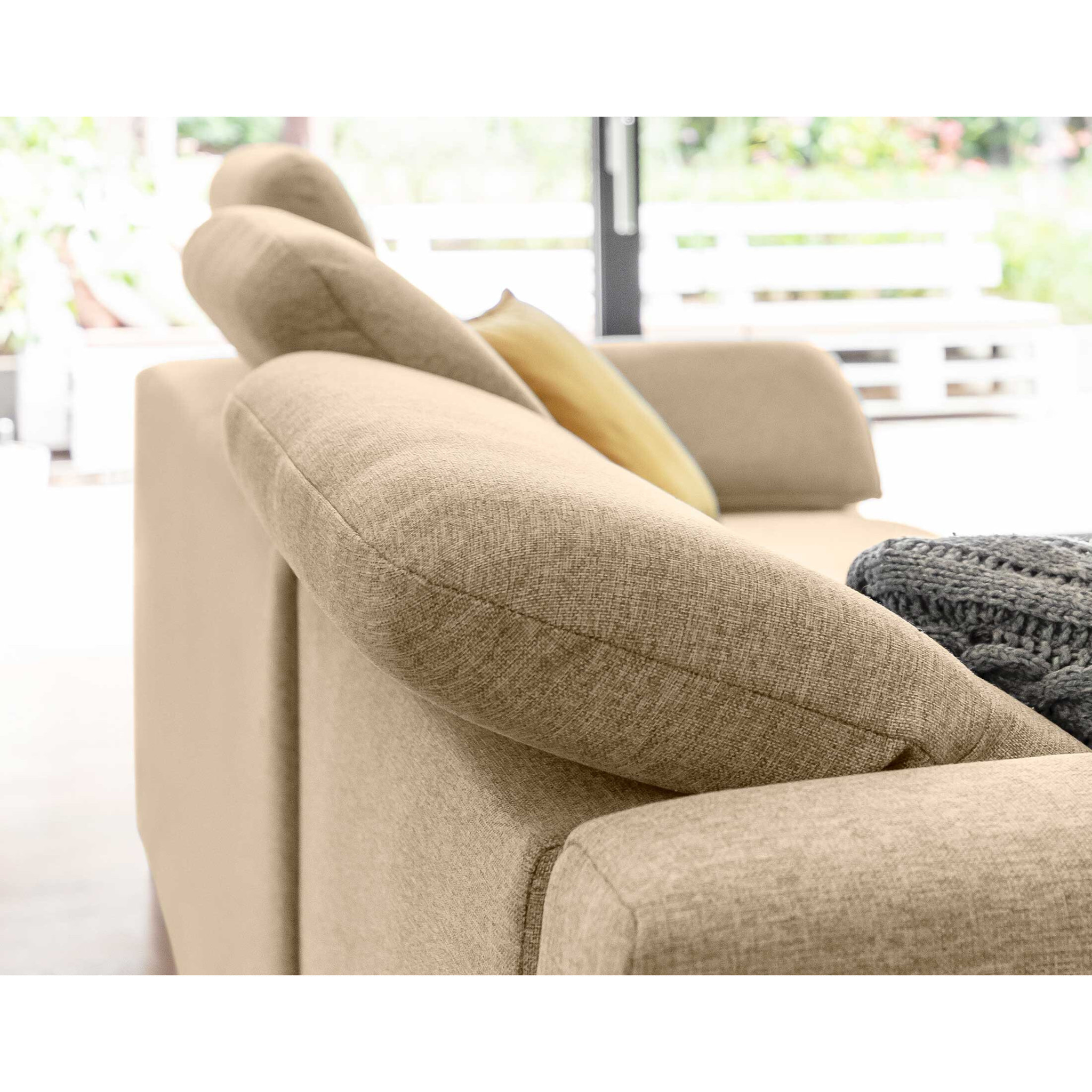 Clever - canapé d'angle gauche - 5 places - convertible avec coffre et têtières - en tissu - Beige