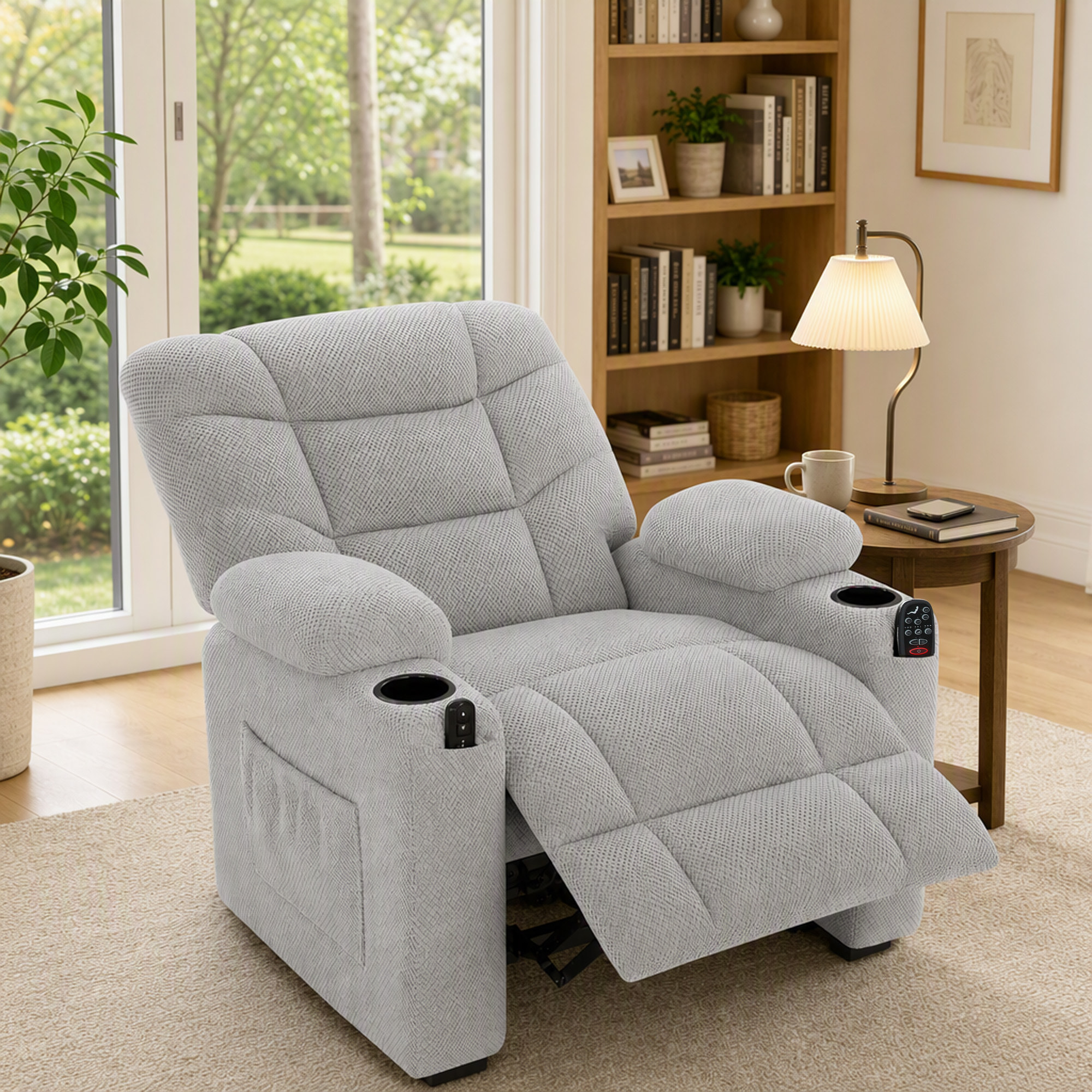 Sillón Relax Reclinable Eléctrico con Calor Lumbar y Masaje Vibración, Sillón Masaje Relax, Motor Silencioso, Función Memoria, Asiento Ancho, Bolsillos, Portavasos, USB, Tela Terciopelo, Gris