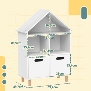 Bibliothèque enfant style nordique maisonnette - 2 tiroirs, 3 niches - MDF effet bois clair blanc