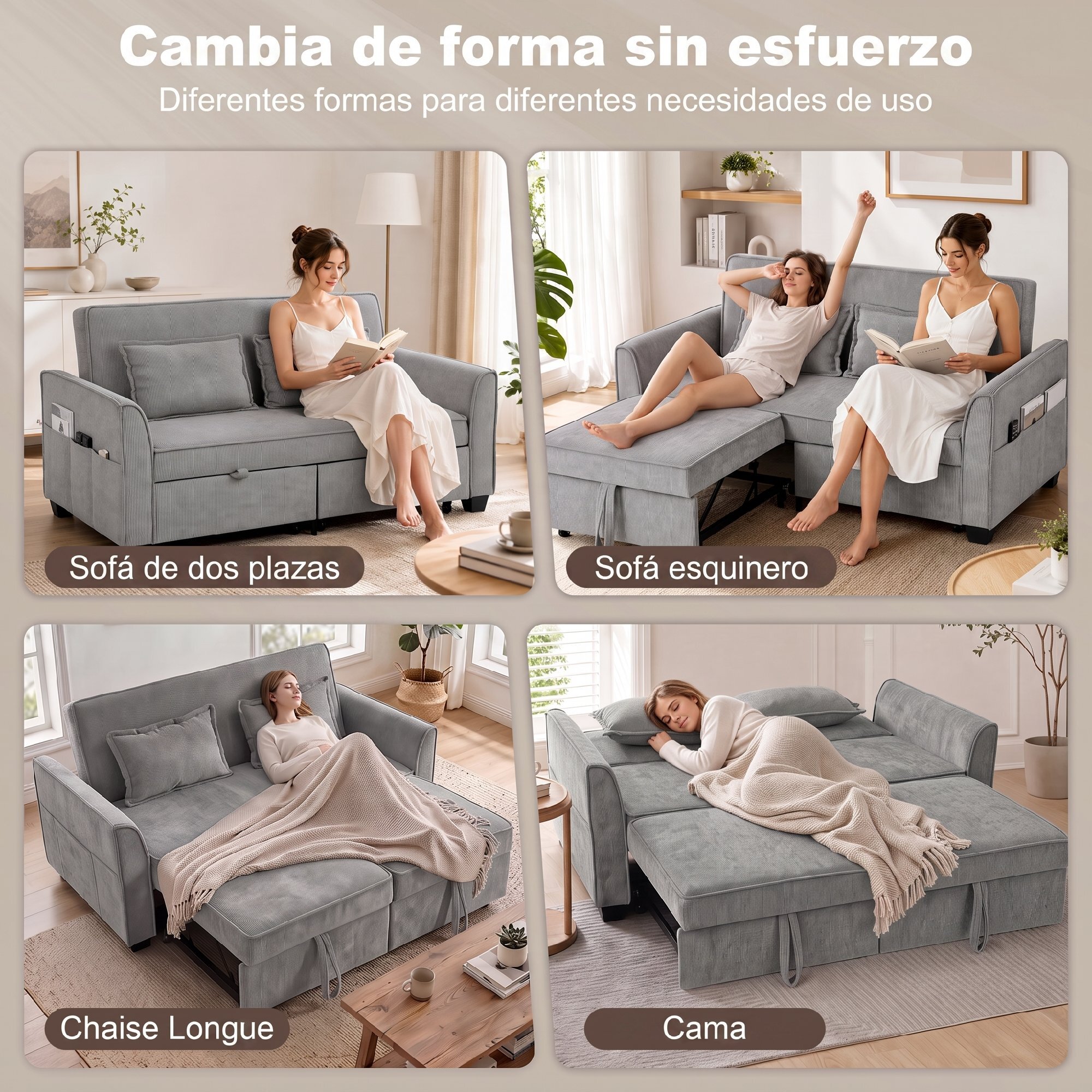 Sofá Cama 2 Plazas 4 en 1, Sofá Cama de Chenilla con 2 Módulos Extraíbles Independientes, Respaldo Ajustable 3 Niveles, 2 Cojines, 6 Bolsillos Laterales, Cama 142x186 cm, para Salón, Gris