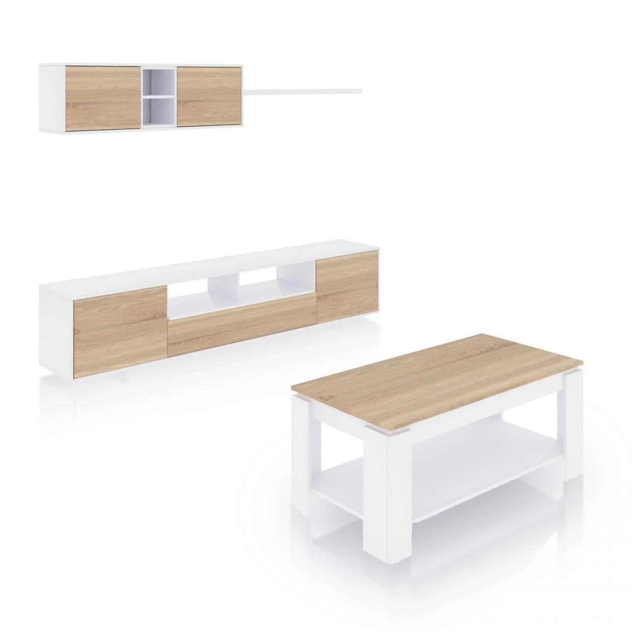 Pack salón con mesa de centro Kenzo Plus V1 Blanco Artik (Blanco Mate) - Roble Canadian