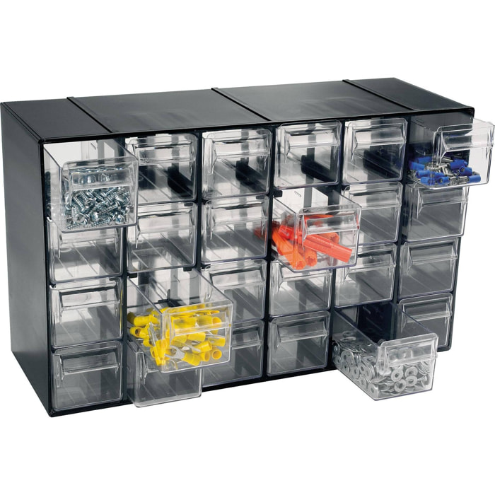 Cassettiera portaminuteria a 24 cassetti, Organiser portaoggetti con cassetti trasparenti, 100% Made in Italy, cm 38x14h23, colore Nero