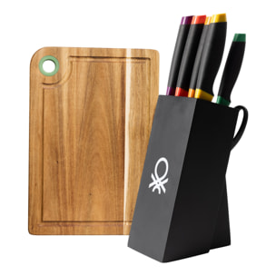 Juego de 8pc cuchillos + tacoma en acero inox + tabla de cortar 33x23x1.5cm madera de acacia casa benetton