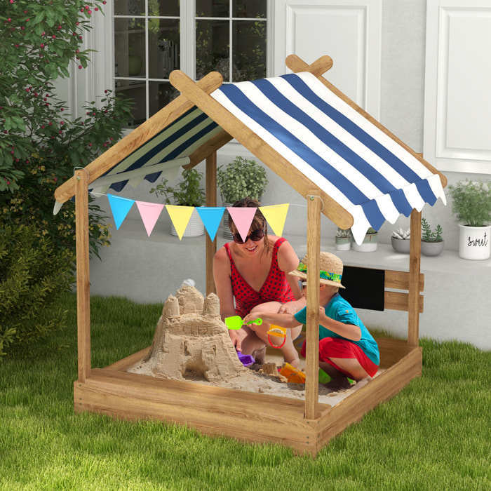 Arenero para Niños de Madera Arenero Infantil con Toldo 6 Banderines 2 Lavabos Grifo y Pizarra en Forma de Casa para Patio Jardín 124x116x146 cm Marrón