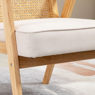 HOMCOM Butaca de Salón Sillón de Salón con Reposabrazos Respaldo de Ratán y Marco de Madera de Caucho Butaca para Dormitorio Sala de Estar Carga 120 kg Natural y Beige