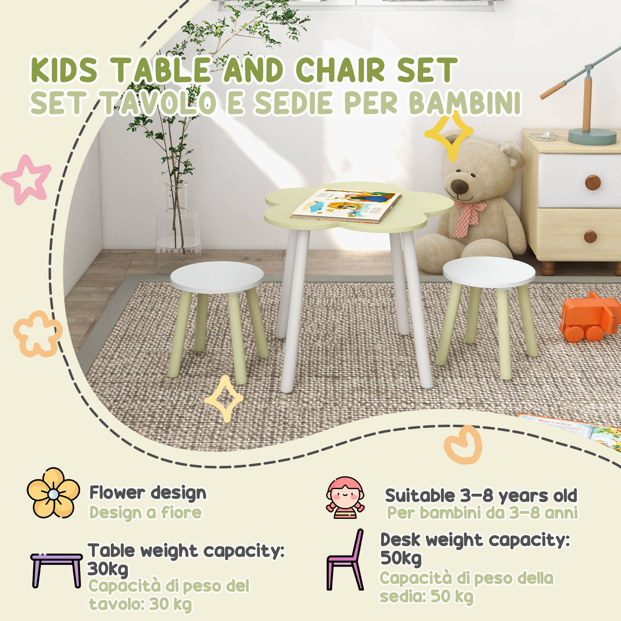 ZONEKIZ Set Tavolo e Sedie per Bambini 2-5 Anni, 3 pezzi in MDF e Legno di Pino con Design a Fiori, Giallo e Bianco