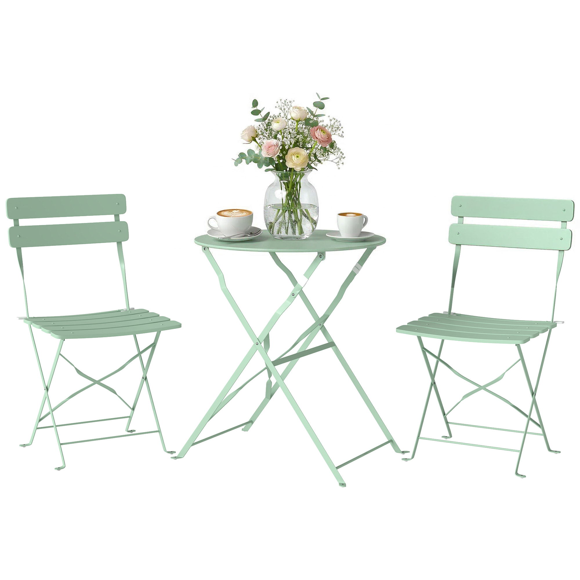 Conjunto de Mesa y Sillas de Terraza Exterior Plegable 3 Piezas, Muebles de Jardín Exterior con 2 Sillas Plegables, Mesa Redonda, Estructura Metálica Electrofórica para Patio, Balcón, Verde