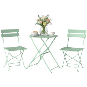 Conjunto de Mesa y Sillas de Terraza Exterior Plegable 3 Piezas, Muebles de Jardín Exterior con 2 Sillas Plegables, Mesa Redonda, Estructura Metálica Electrofórica para Patio, Balcón, Verde
