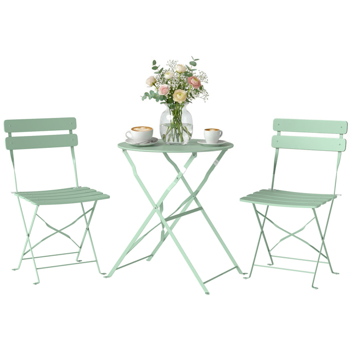 Conjunto de Mesa y Sillas de Terraza Exterior Plegable 3 Piezas, Muebles de Jardín Exterior con 2 Sillas Plegables, Mesa Redonda, Estructura Metálica Electrofórica para Patio, Balcón, Verde