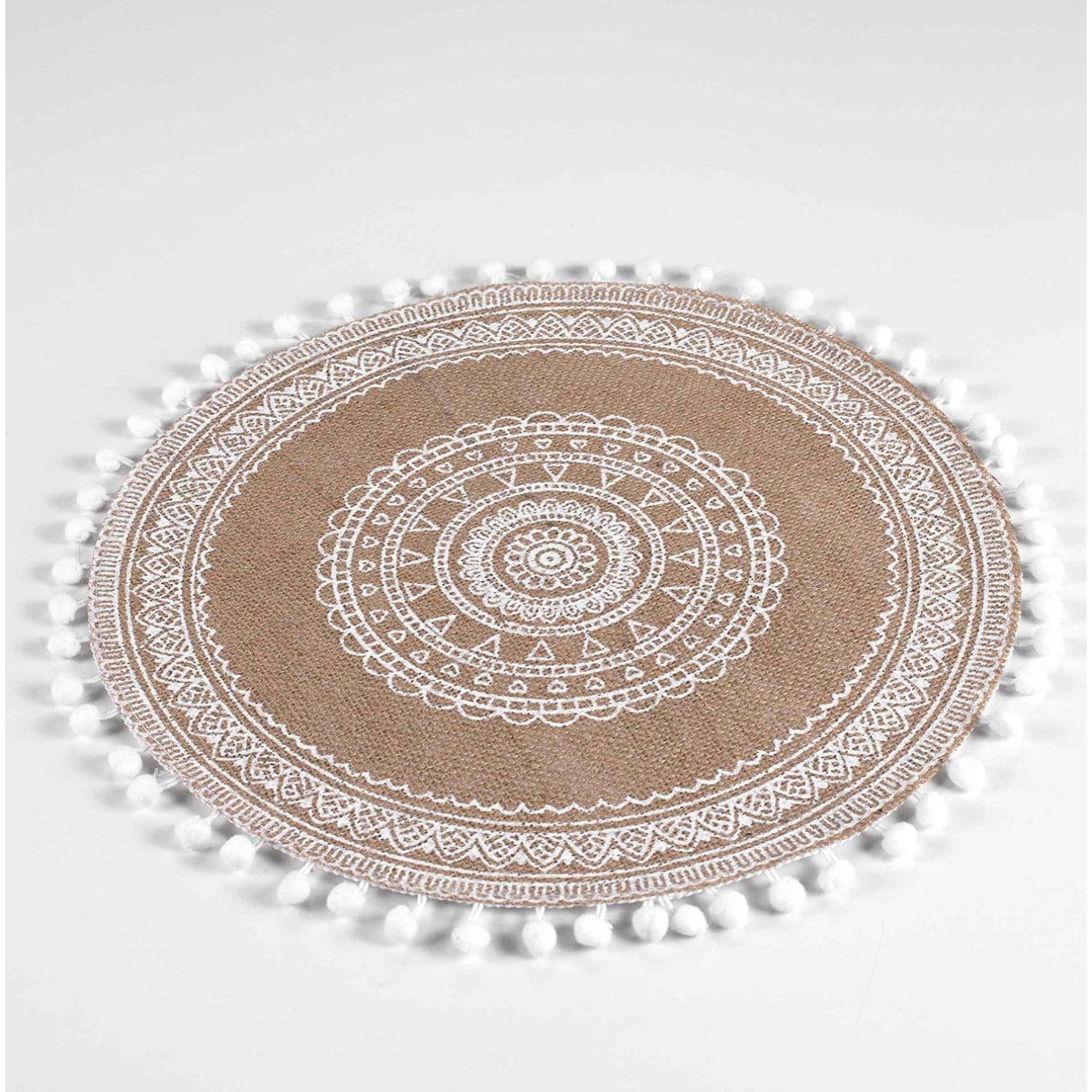 Set de table rond en jute avec pompons - Blanc