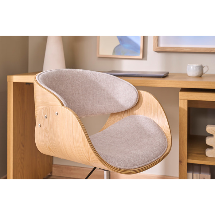 Chaise de bureau à roulettes design en tissu effet velours texturé beige, bois clair et acier chromé BENT