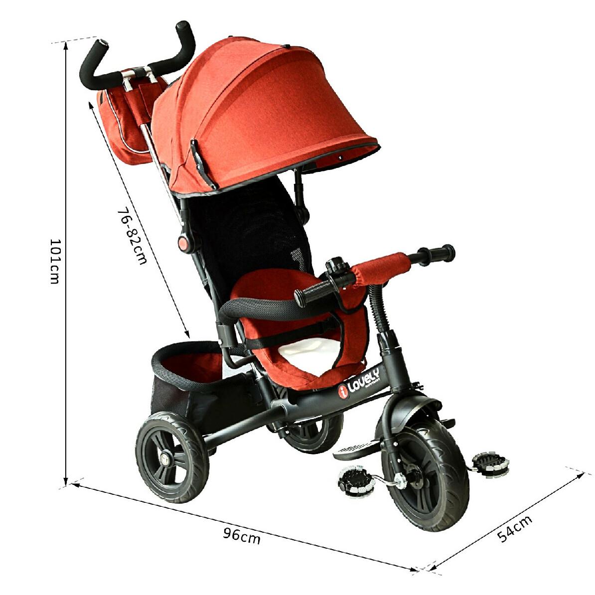 Tricycle enfants évolutif canne  et pare-soleil pliable amovible sacoche et panier 96 x 54l x 101 cm acier rouge brique noir