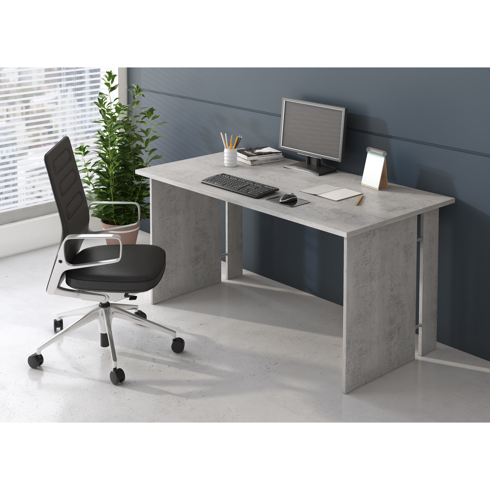 Set Ufficio Completo Con 2 Scrivanie 1 Modulo Ad Angolo 1 Cassettiera Con Ruote 2 Armadi Alto e Basso 2 Librerie Alta E Bassa Bianco E Grigio Cemento