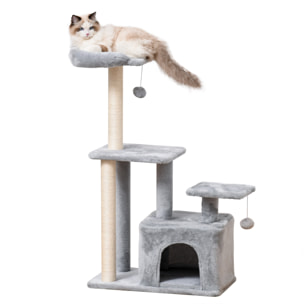 Árbol Rascador para Gatos Altura 114 cm Árbol para Gatos Torre para Gatos con Postes de Sisal 3 Plataformas Casita y 2 Bolas Colgantes Gris Claro