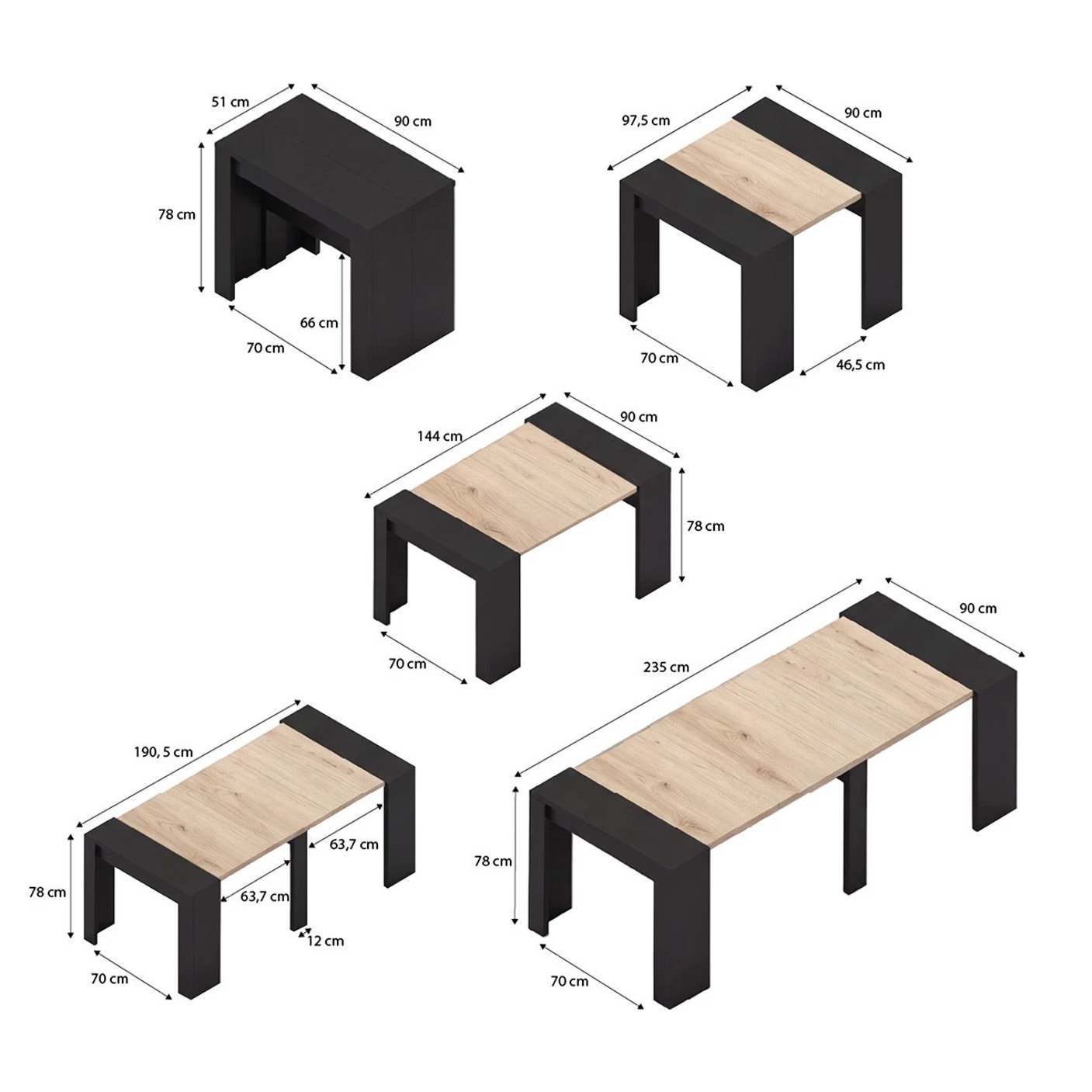 Mesa consola extensible en negro mate y alpine oak 50-235x90 cm Denis Negro Mate - Alpine Oak