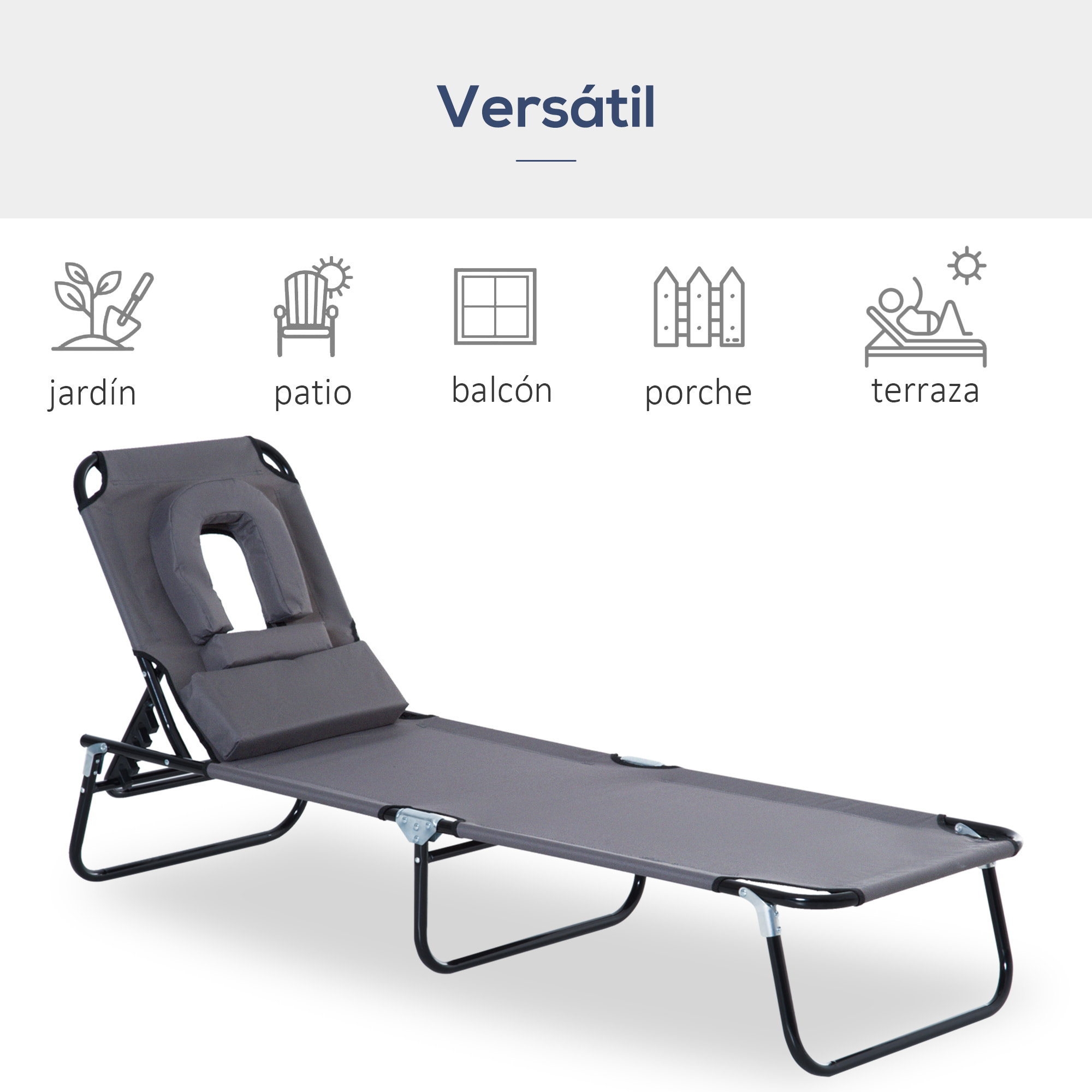 Juego de 2 Tumbonas Plegables Tumbonas de Jardín con Respaldo Ajustable en 4 Posiciones Orificio de Lectura y Almohada para Camping Playa Terraza 190x56x28 cm Gris