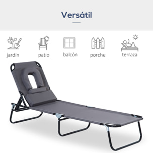 Juego de 2 Tumbonas Plegables Tumbonas de Jardín con Respaldo Ajustable en 4 Posiciones Orificio de Lectura y Almohada para Camping Playa Terraza 190x56x28 cm Gris