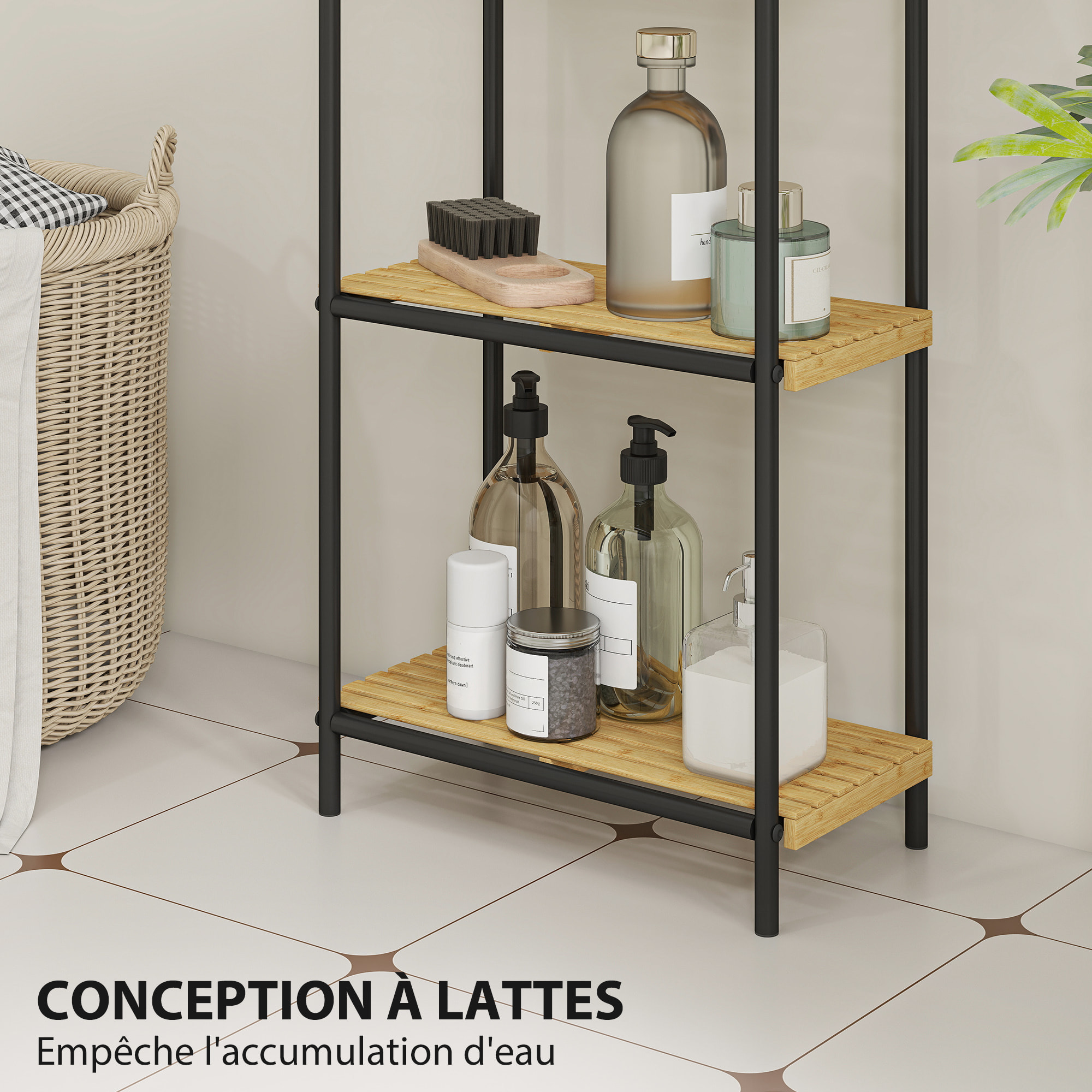 Étagère salle de bain bambou, 3 niveaux, étagère de rangement étroite autoportante cadre en acier pour salon, salle à manger, balcon, cuisine, 41,5 x 21,5 x 77,5 cm, noir et effet bois naturel