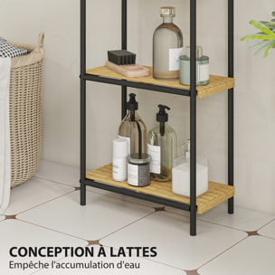 Étagère salle de bain bambou, 3 niveaux, étagère de rangement étroite autoportante cadre en acier pour salon, salle à manger, balcon, cuisine, 41,5 x 21,5 x 77,5 cm, noir et effet bois naturel